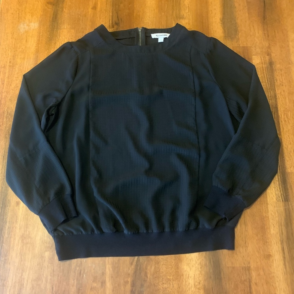 Calvin Klein Blouse Large Black Crewneck Zip Back Sheer Sleeves Band on bottom